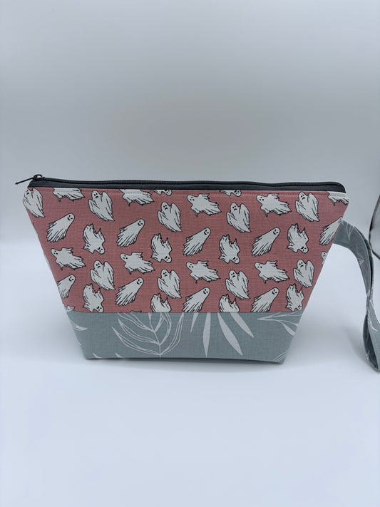 Glow in the Dark Ghosts (contrast base) Spooky Knitting Crochet Zipper Style Project Bag | Shortie Sock Size