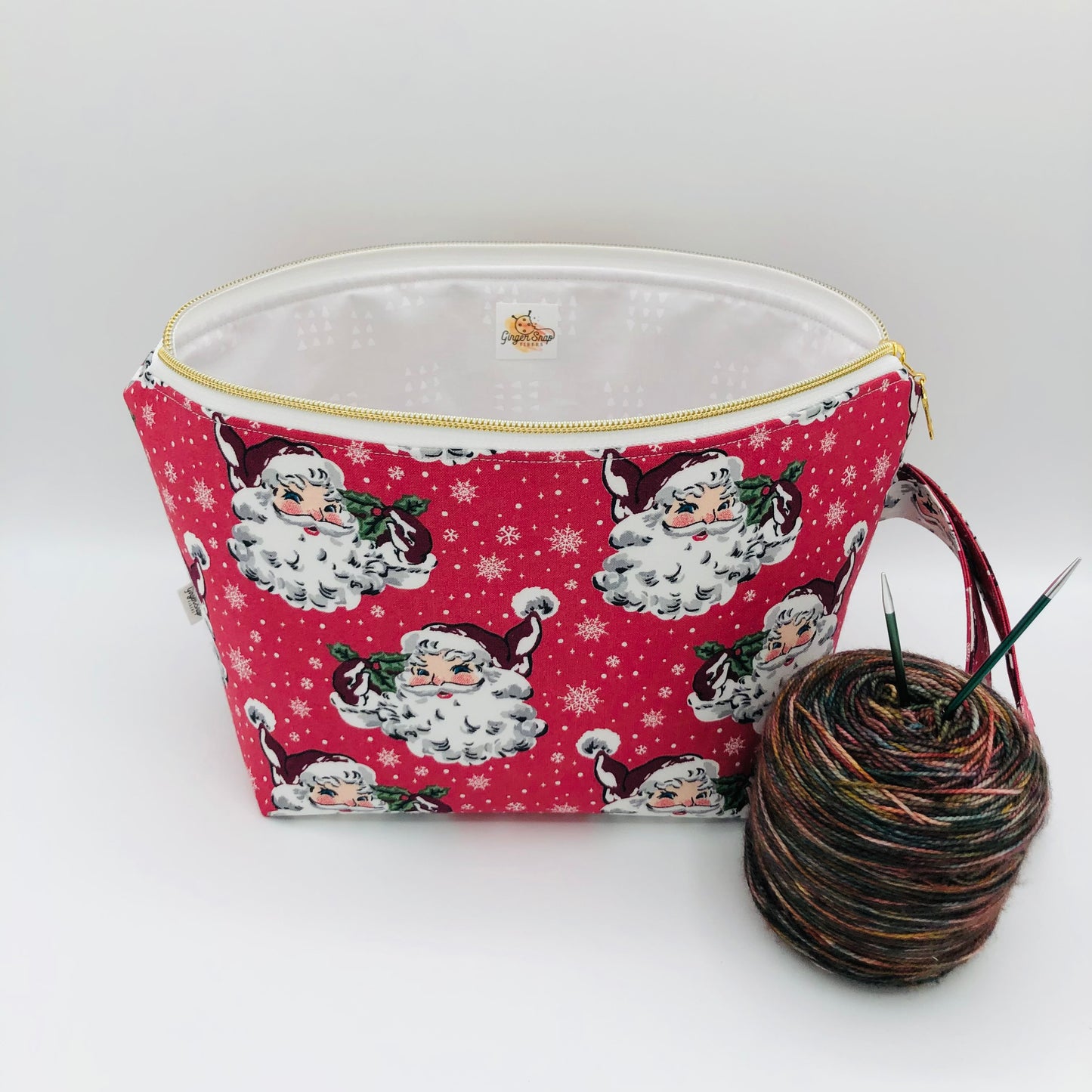 Pink Santas Holiday Knitting Crochet Zipper Style Project Bag | Shortie Sock Size