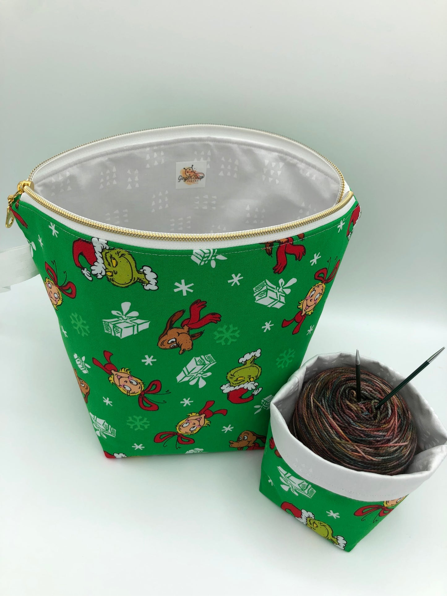 “Mean One” (green) Knitting Crochet Zipper Style Project Bag + Yarn Cozy |  Sock Size