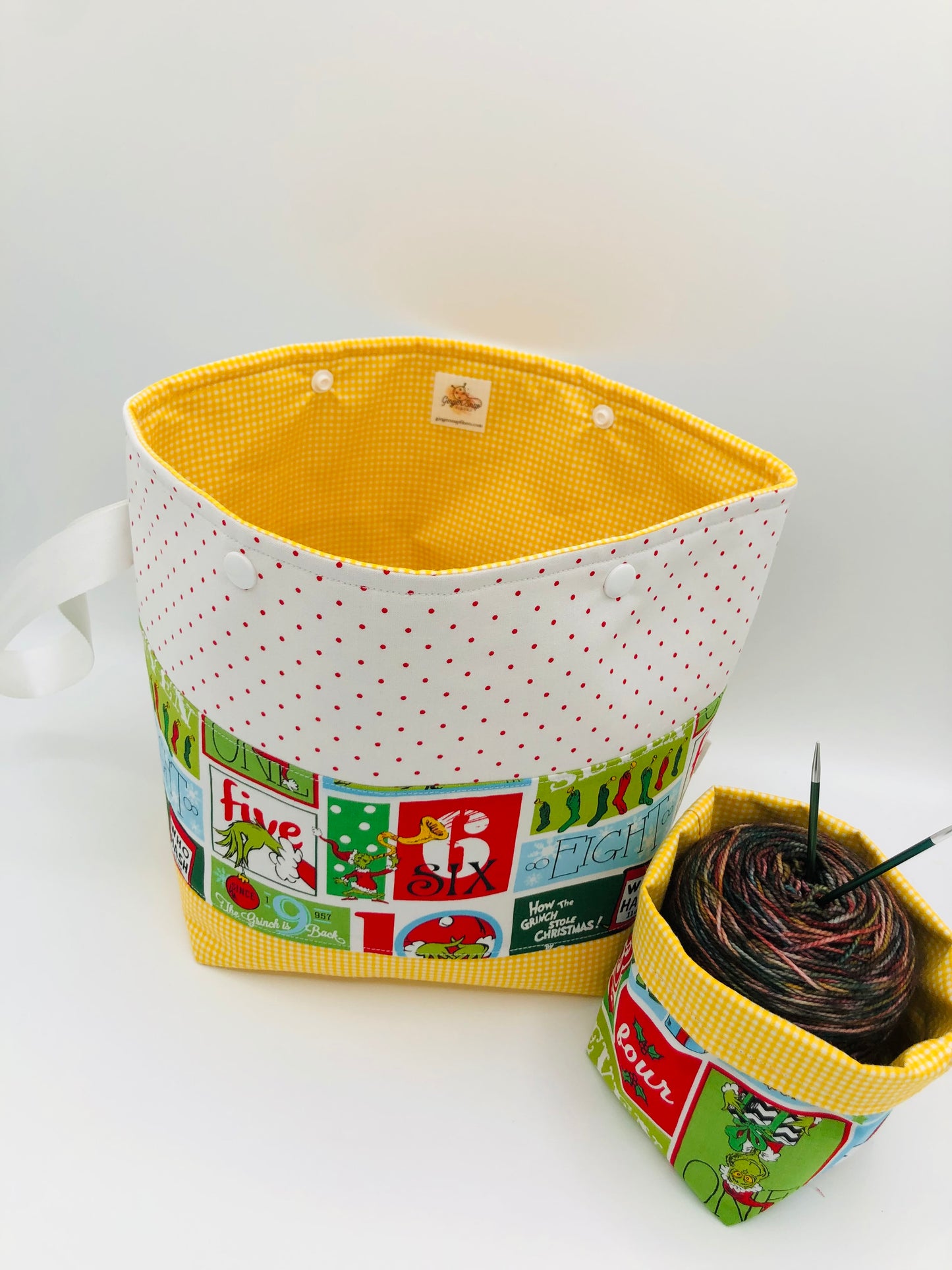 Patchwork Grinchmas (dots) Knitting and Crochet Snap Style Project Bag + Yarn Cozy | XL Sock Size