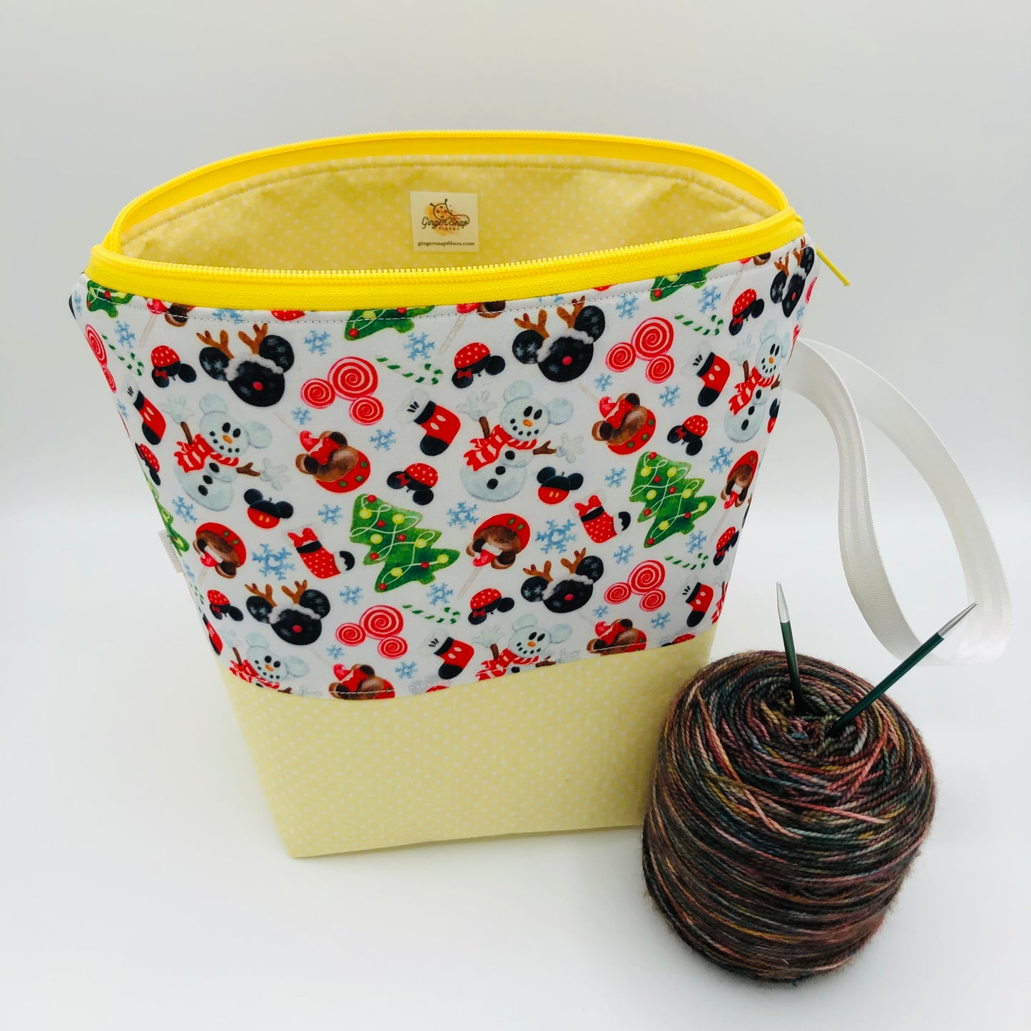 Snowman Mouse Friends (yellow base) Christmas Holiday Knitting Crochet Zipper Style Project Bag | Sock Size