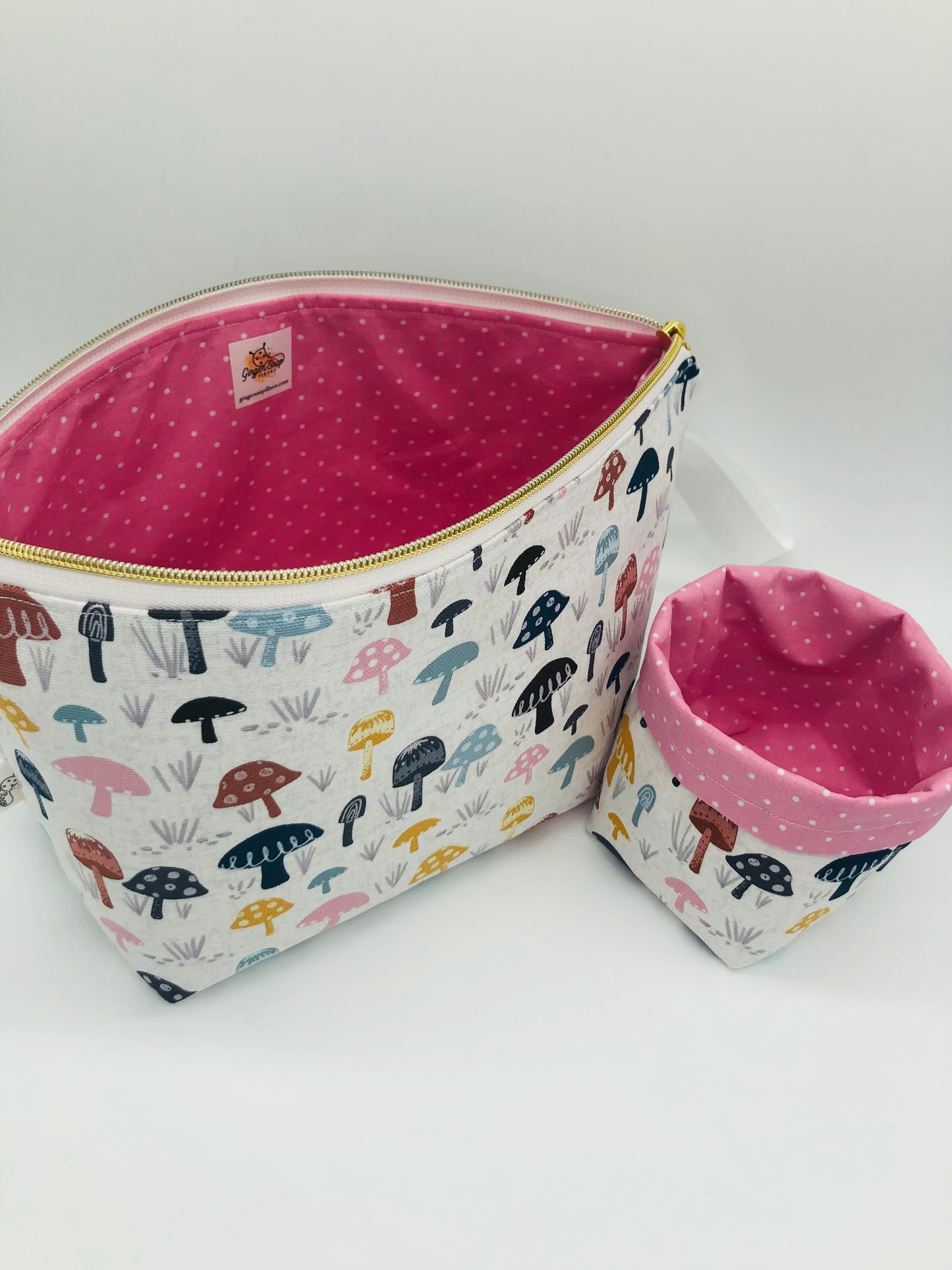 Pastel and Polka Dots Mushrooms Knitting Crochet Zipper Style Project Bag + 100g Yarn Cozy| Shortie Sock Size