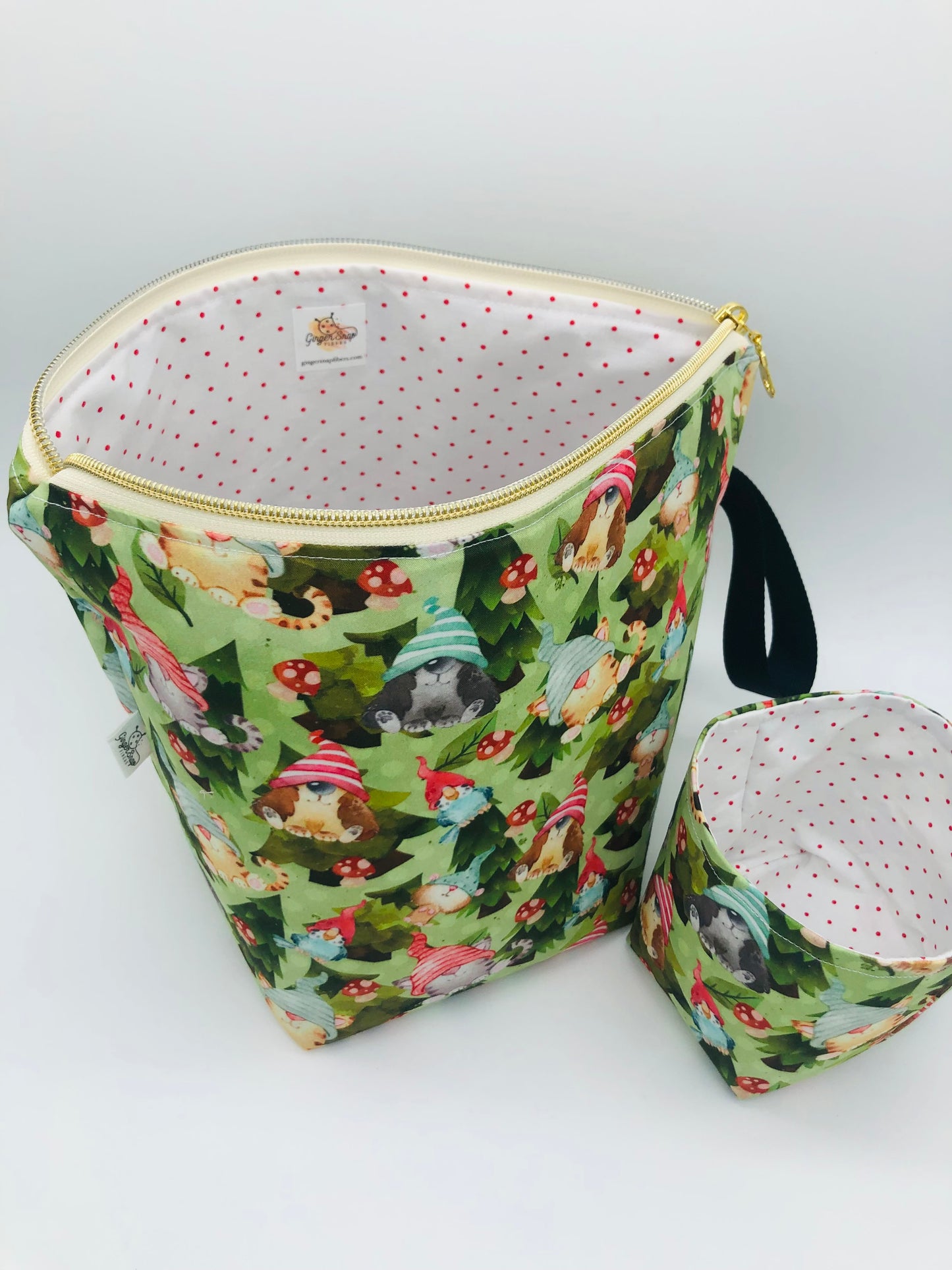 Animal Gnomes and Mushrooms Knitting Crochet Zipper Style Project Bag + Yarn Cozy |  Sock Size
