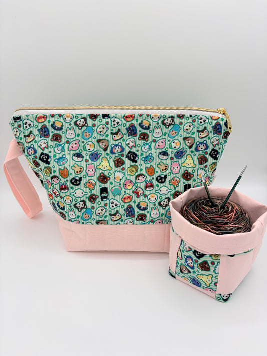 Cutie Villager Friends Quilted Knitting and Crochet Snap Style Project Bag + Yarn Cozy | XL Sock Size