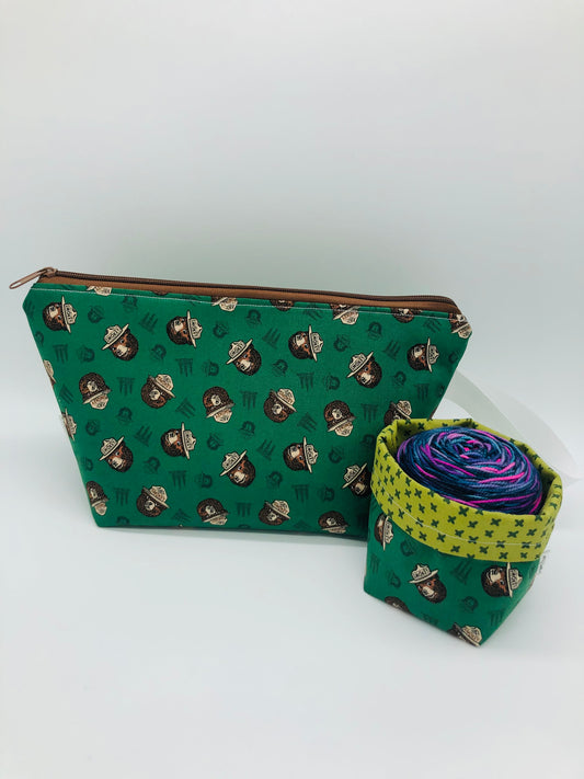Green Smokey Faces Knitting Crochet Zipper Style Project Bag + 100g Yarn Cozy| Shortie Sock Size