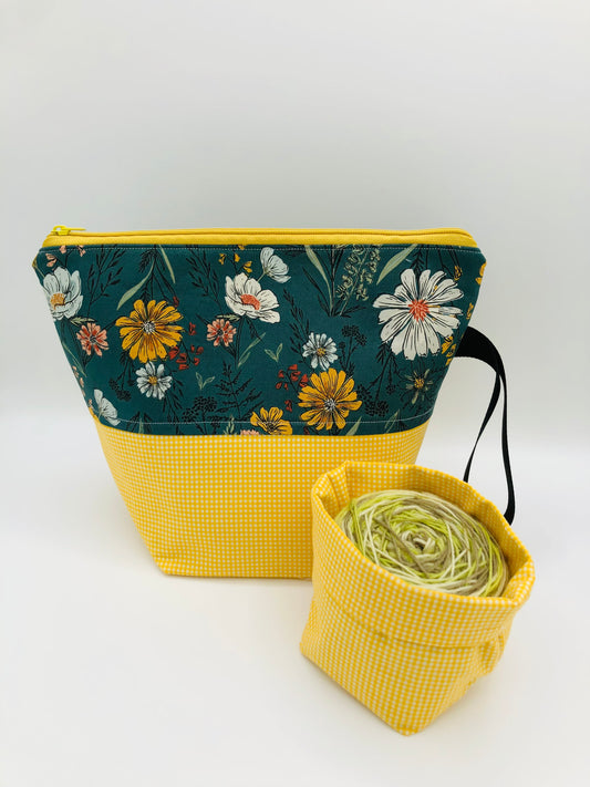 Yellow Forest Flowers Knitting Crochet Zipper Style Project Bag + Yarn Cozy |  Sock Size