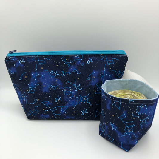 Constellations Knitting Crochet Zipper Style Project Bag + 100g Yarn Cozy | Shortie Sock Size