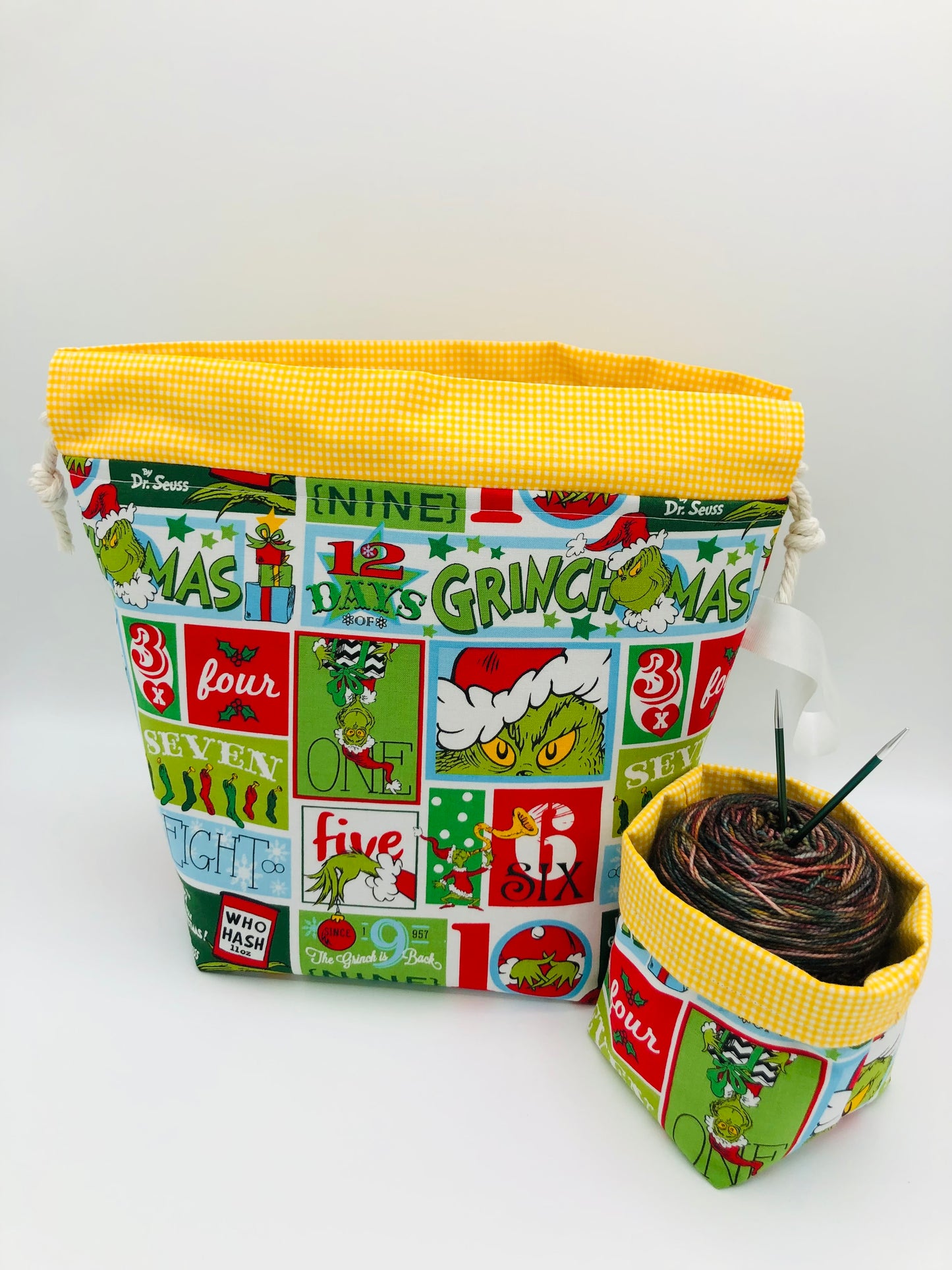 Grinchmas Knitting and Crochet Drawstring Style Project Bag + Yarn Cozy | XL Sock Size