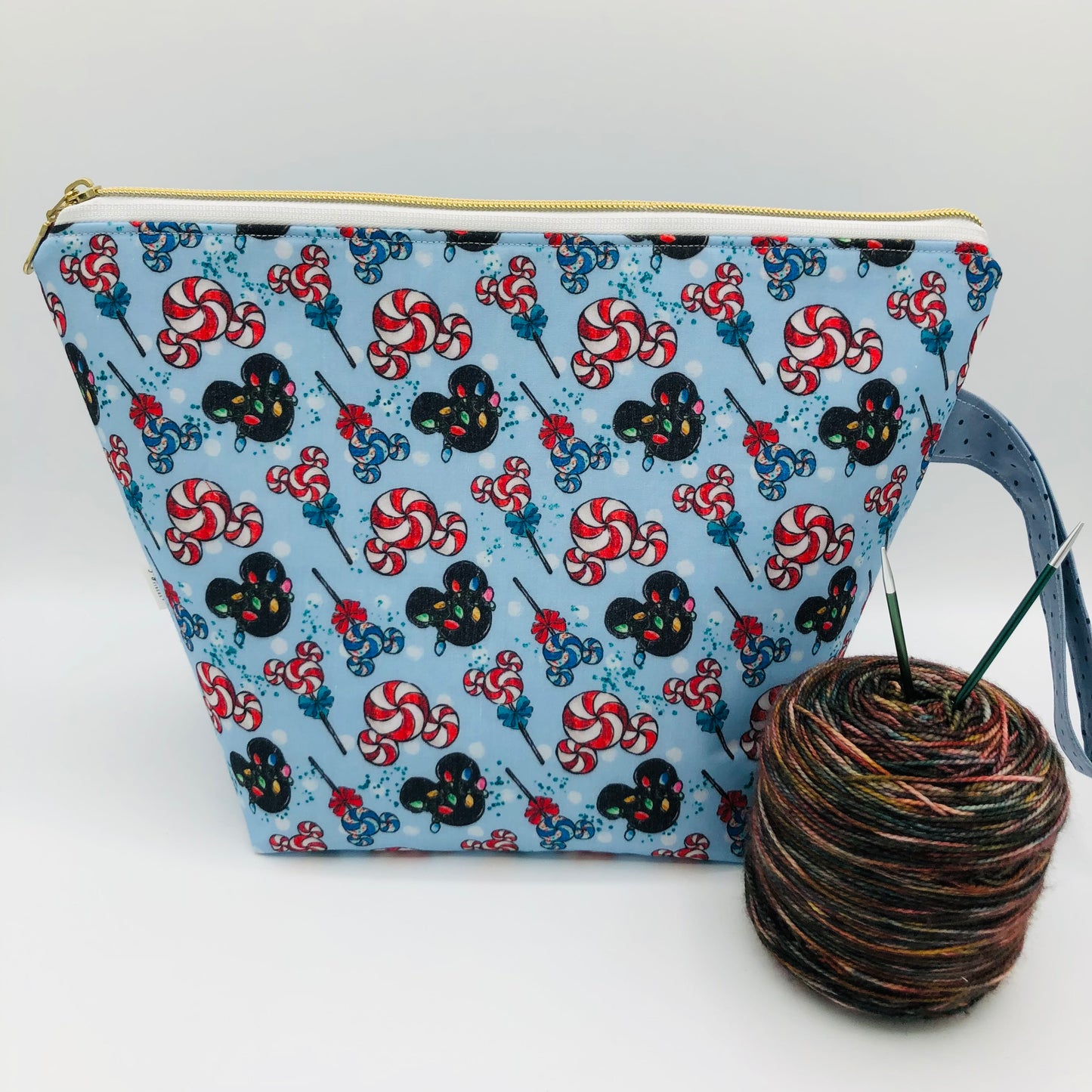 Peppermint Mouse Friends Holiday Knitting and Crochet Zipper Style Project Bag | XL Sock Size