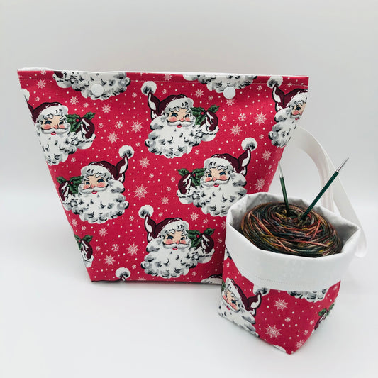 Pink Santas Holiday Knitting Crochet Snap Style Project Bag + Yarn Cozy | Sock Size