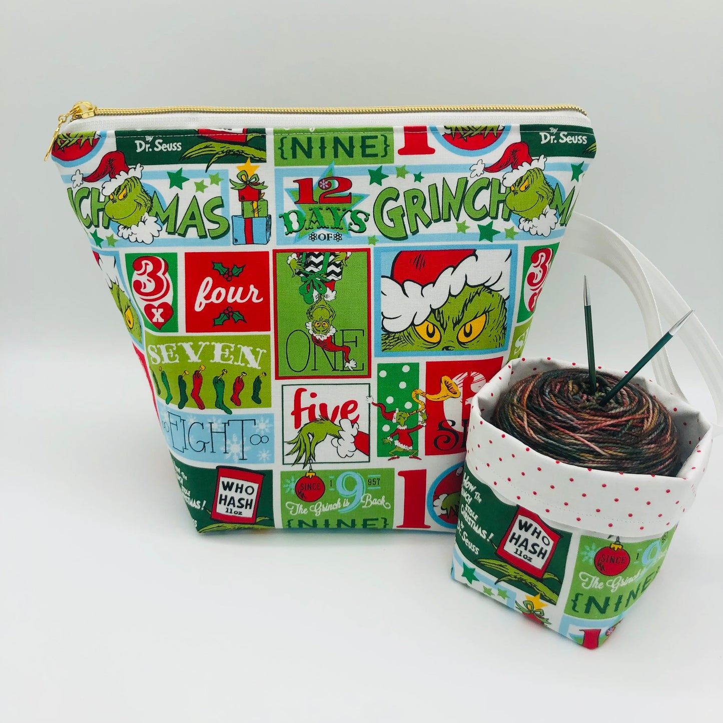 Grinchmas Knitting Crochet Zipper Style Project Bag + Yarn Cozy |  Sock Size