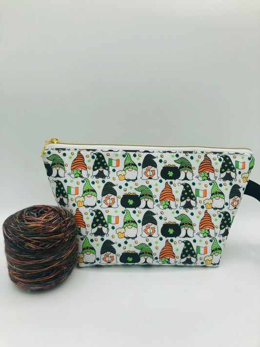 CLEARANCE St. Patrick’s Gnomes (white) Knitting Crochet Zipper Style Project Bag | Shortie Sock Size