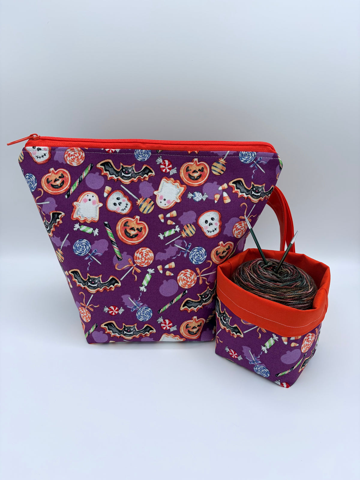 Trick or Treat Cookies Spooky Knitting Crochet Zipper Style Project Bag + Yarn Cozy |  Sock Size