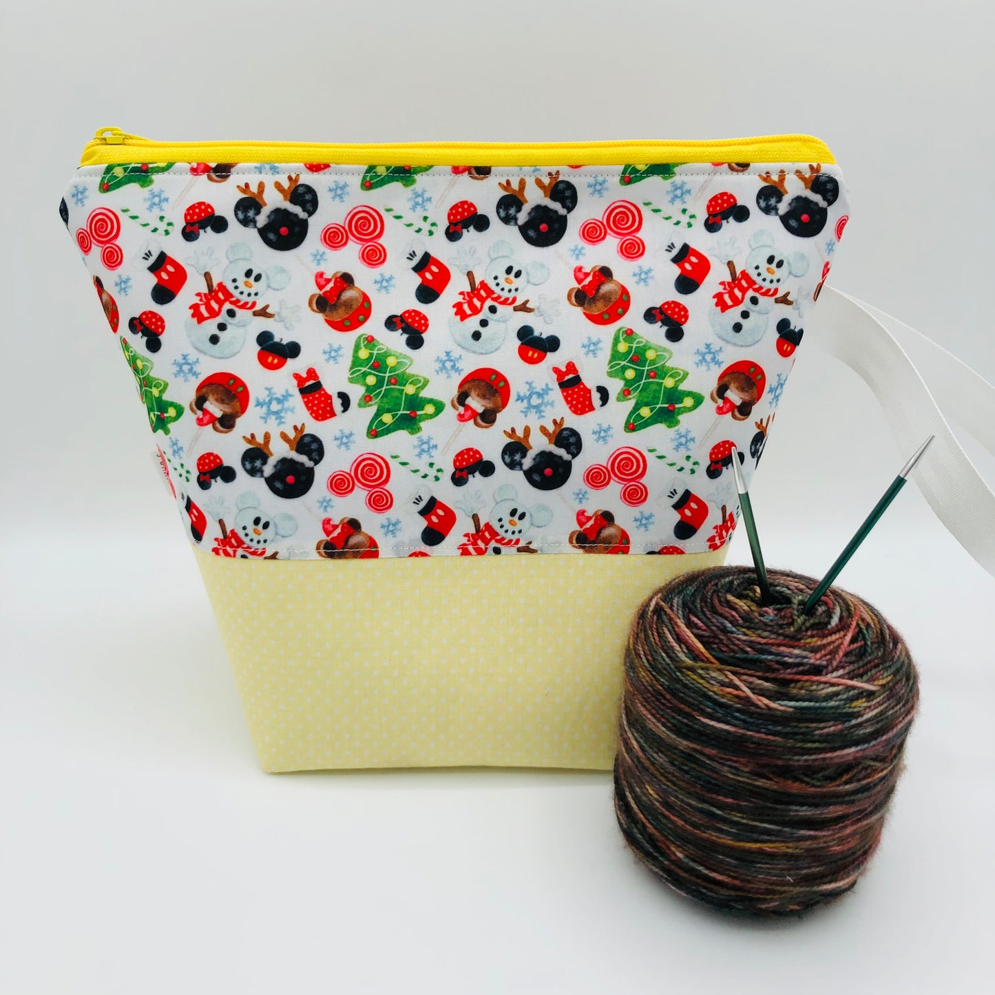 Snowman Mouse Friends (yellow base) Christmas Holiday Knitting Crochet Zipper Style Project Bag | Sock Size