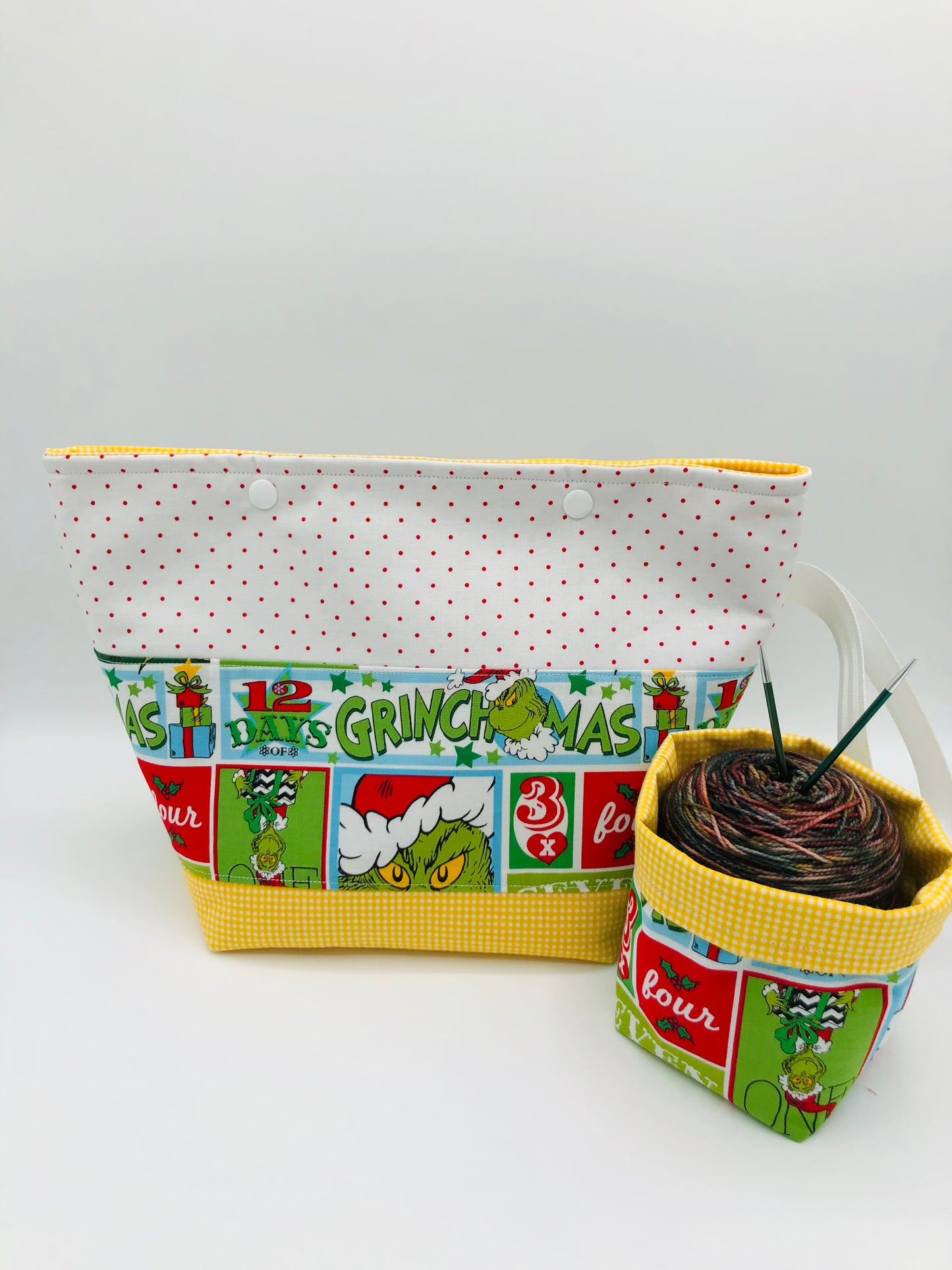 Patchwork Grinchmas (dots) Knitting and Crochet Snap Style Project Bag + Yarn Cozy | XL Sock Size