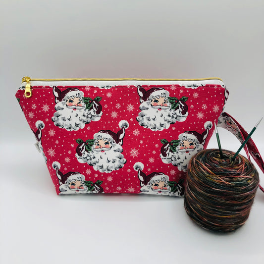 Pink Santas Holiday Knitting Crochet Zipper Style Project Bag | Shortie Sock Size