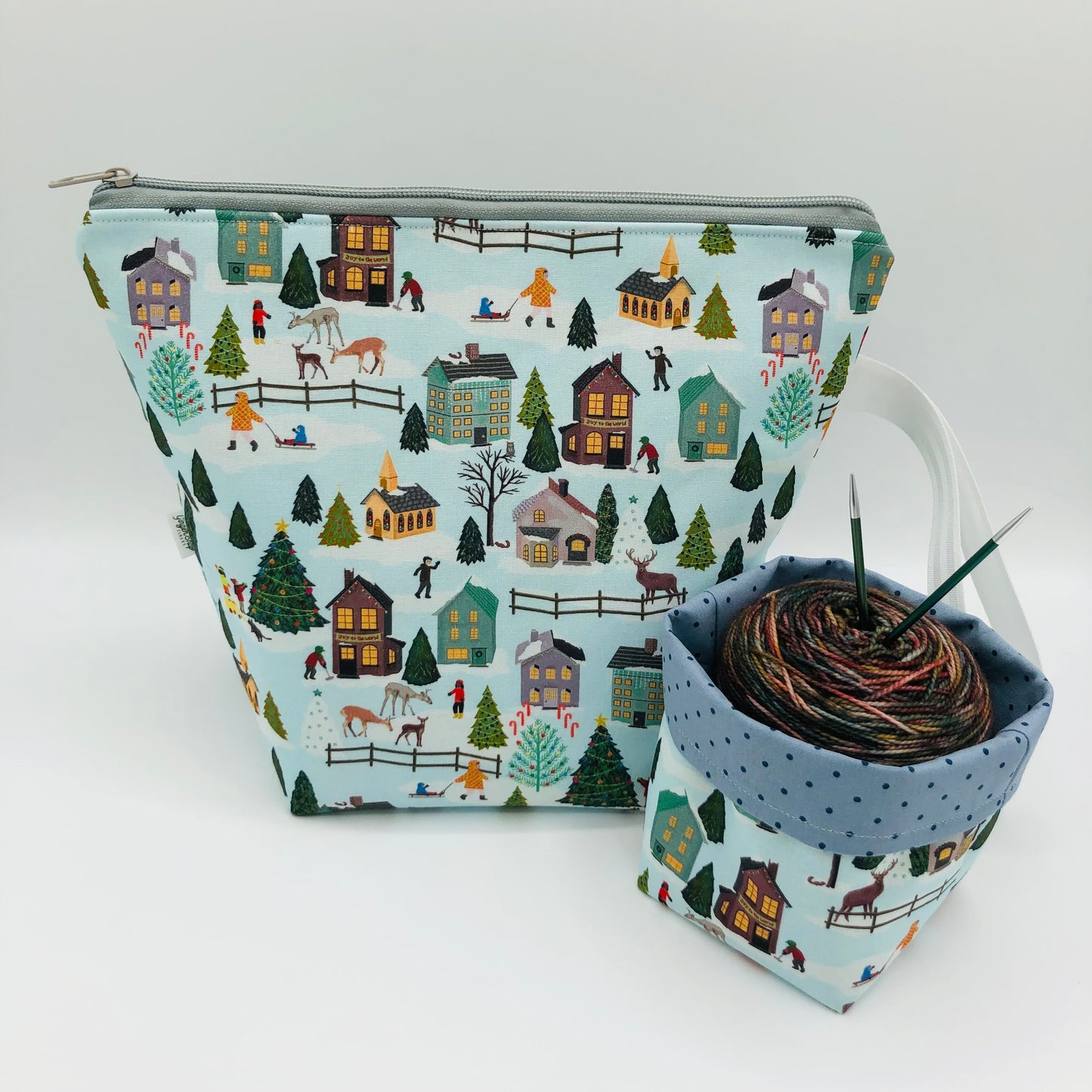 Christmas Village Holiday Knitting Crochet Zipper Style Project Bag + Yarn Cozy |  Sock Size