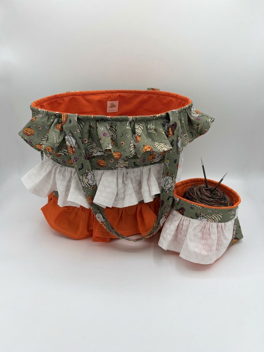 Triple Ruffle Gnomes Spooky Tote Style Knitting and Crochet Project Bag + Yarn Cozy |  Sweater Size